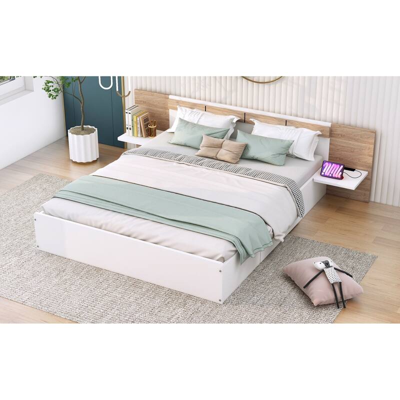 Queen Size Concise Low-Profile Platform Bed Frame with USB Charging