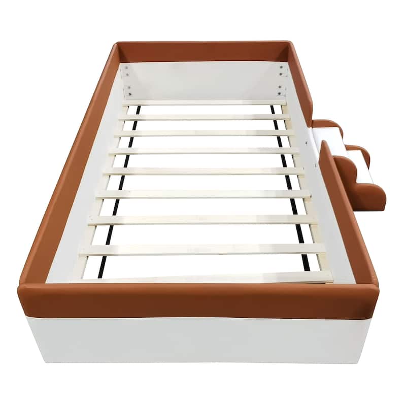 Twin Size Upholstered Daybed Frame with Fence and Stairs,(BROWN+WHITE)