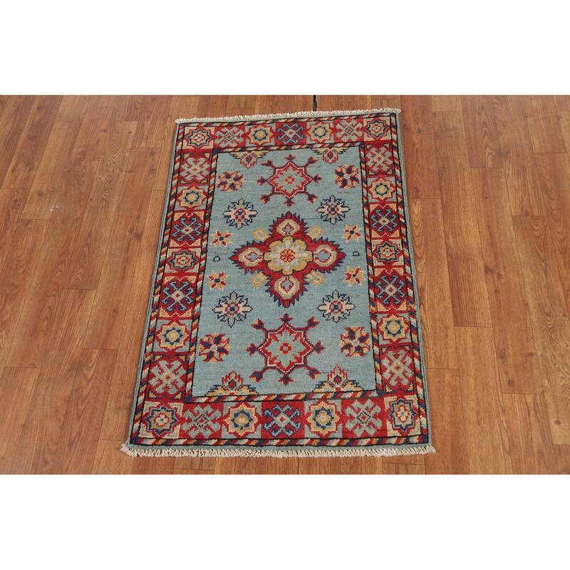 Light Blue Geometric Kazak Oriental Foyer Rug Hand-Knotted Wool Carpet - 2'0" x 3'0"