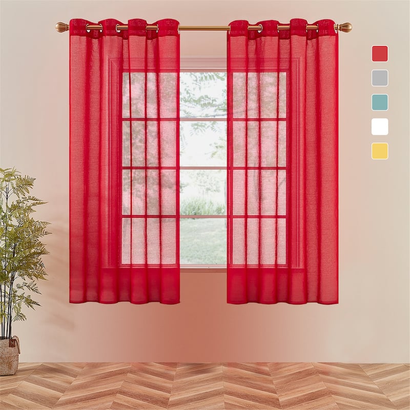 Topfinel Solid Grommet Sheer Window Curtains Faux Linen (Set of 2)