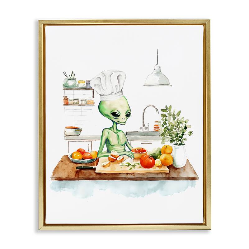 Stupell Chef Alien in Kitchen Framed Floater Canvas Wall Art Design By Lil' Rue - 25 x 31 - Gold