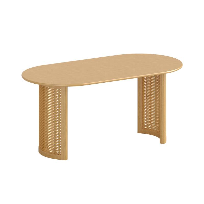 Oval Dining Table with Arc-Shaped Edge Top and Rattan Woven Base Modern Farmhouse Kitchen Table for Living Room Dining Room