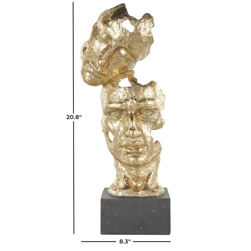 Polystone Mask Stacked Face Cutout Decorative Sculpture with Black Block Base - Gold - Roche River Decor