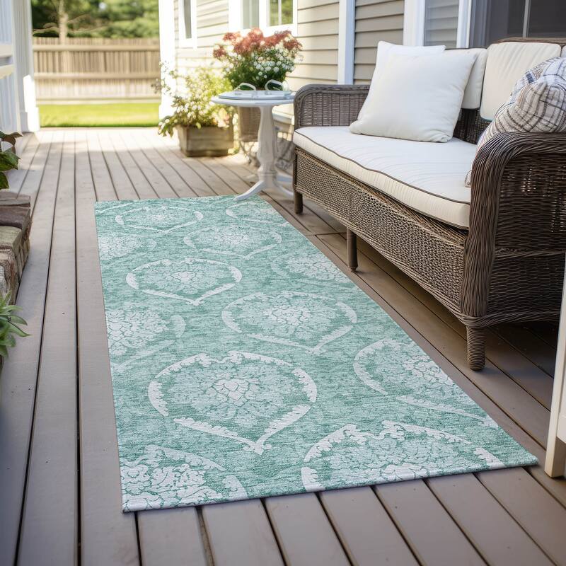 Machine Washable Indoor/ Outdoor Chantille Traditional Damask Rug - Turquoise - 2'3" x 7'6"
