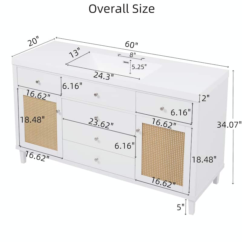 60" Bathroom Vanity with SMC Sink - Modern Large Storage Cabinet with Soft Close Drawers and Rattan Doors