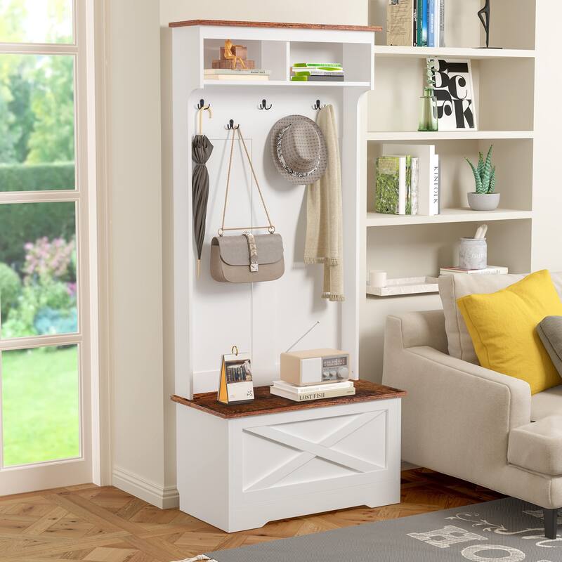Modern Minimalist Coat Rack Wardrobe with 5 Hooks, Bench and Storage Function, for Hallway