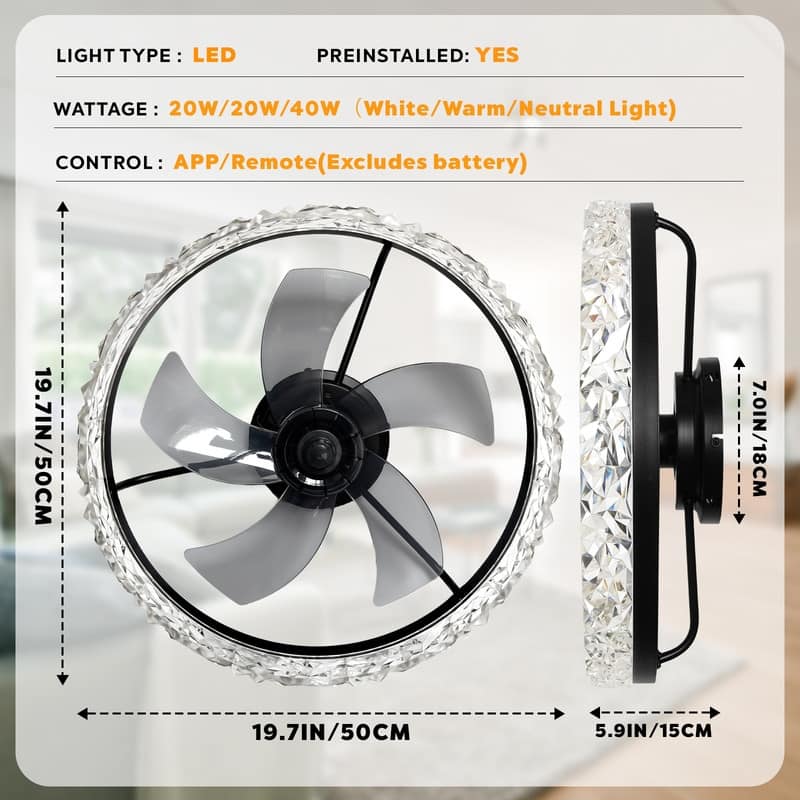 20 in. LED Indoor Black Crystal Flush Mount Ceiling Fan with Light Dimmable for Low Profile Kids Room