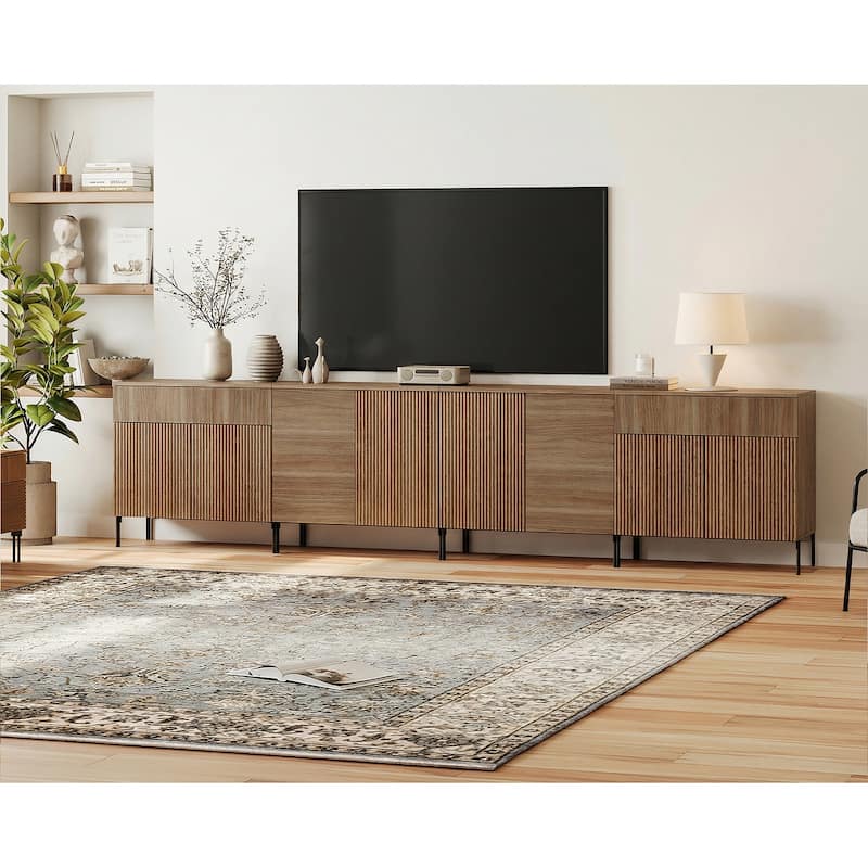 126" Long Modern Reeded Dresser TV Stand With Adjustable Sheves, Entertainment Center With Drawers