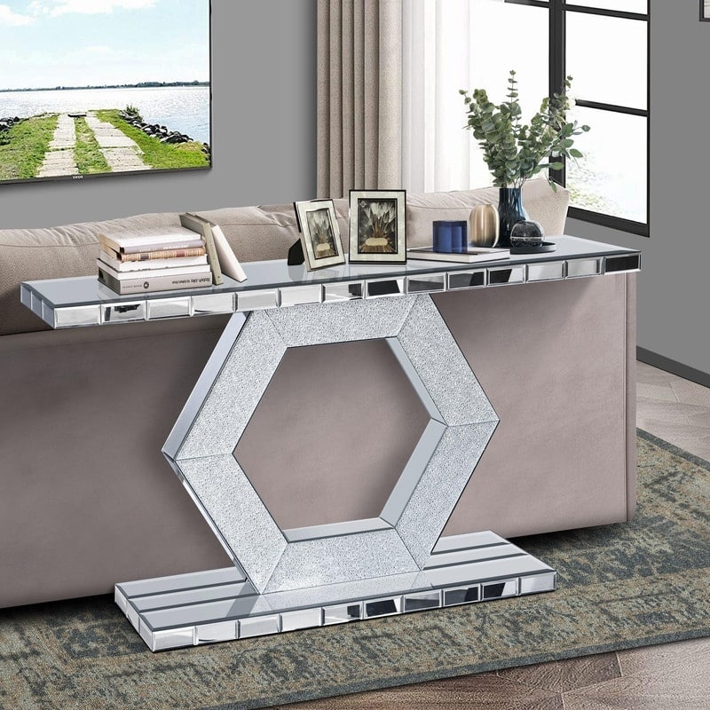 Modern 55" Crystal Hexagon Mirror Console Table Entryway Foyer Decor with Diamond Glass Effects