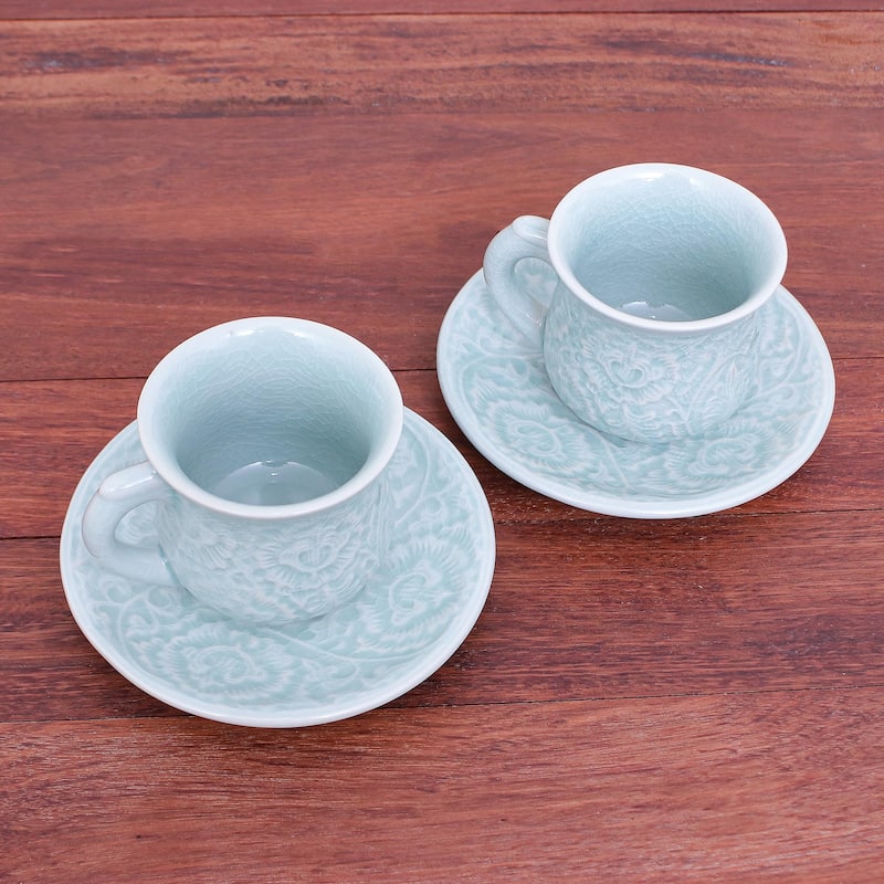 Novica Handmade Tea Flowers Celadon Ceramic Cup And Saucer Set (Pair)