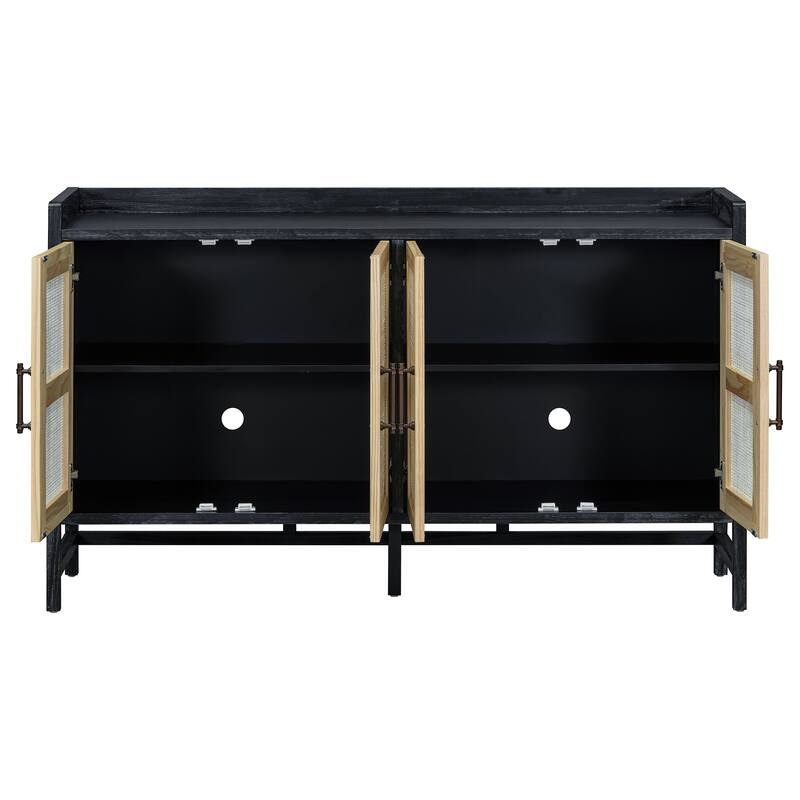 4 Doors Rattan Accent Storage Cabinet Buffet Cabinet, Solid Pine Legs