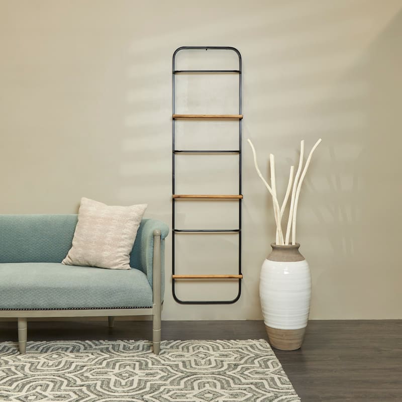 Metal 6 Rung Ladder with Brown Wood Accents - Black - Roche River Decor - 4"W x 19"L x 70"H