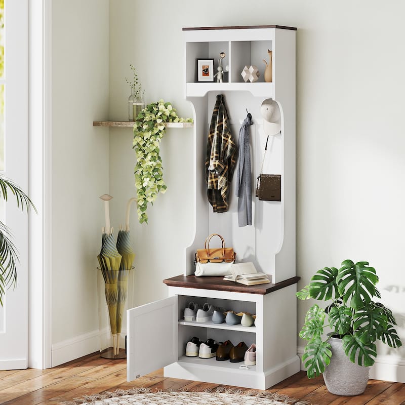 Multi-Functional Hall Tree with Bench Coat Rack Shoe Storage and Top Storage Compartments - 23.1" W x 15.7" D x 70.9" H