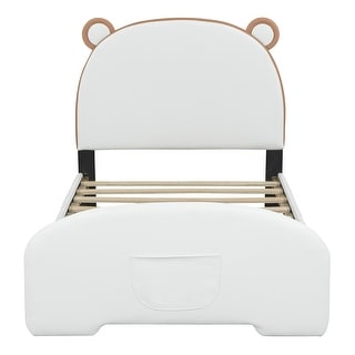 Bear-Style Upholstered Twin Bed with Storage Pocket and Slat Support