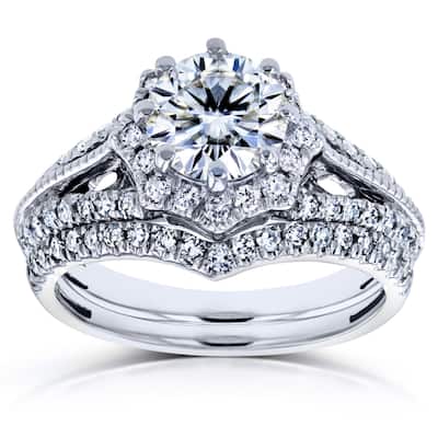 Kobelli 1.5 Carat Moissanite & Natural Diamond Solid 14k White Gold Vintage Starry Web Halo 2pc Bridal Set