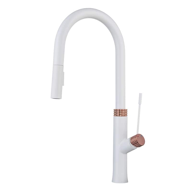 19"H Solid Brass High-Arc Single Handle Gooseneck Pull Down Sprayer Kitchen Faucet - White+Rose Gold