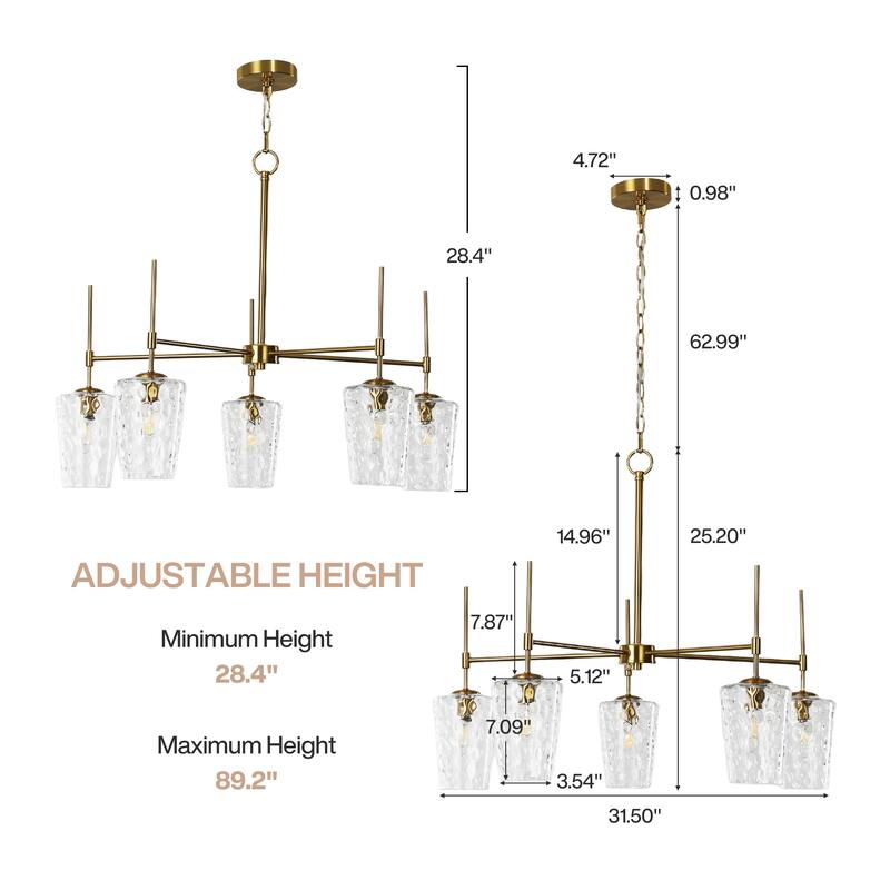 5-Light Modern Gold Chandelier with Ripple Glass Shades, Adjustable Height