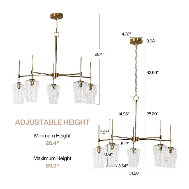 5-Light Modern Gold Chandelier with Ripple Glass Shades, Height-Adjustable Pendant - 31.5'' W × 31.5'' D × 89.2'' H