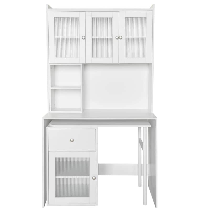Home Office Rotating Computer Desk with Glass Doors, Large Writing Study Desk with Hutch, Bookshelf & Extendable Desktop
