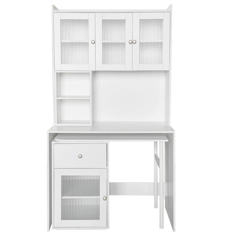 Roomfitters Computer Desk with Hutch and Rotating Table, Home Office Workstation with Glass Cabinet Doors