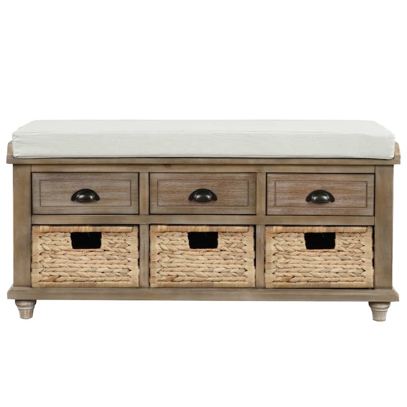 Shoe Bench with 3 Drawers and 3 Rattan Baskets - 42"L x 15.4"W x 18.7"H - White Washed