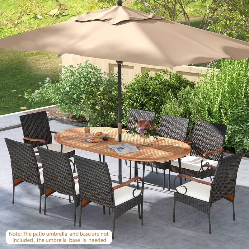 Gymax 9 PCS Acacia Wood Table & 8 Patio Wicker Armchairs Patio Rattan