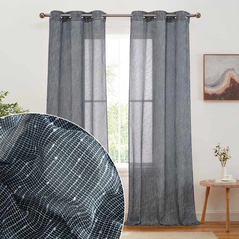 HLC.ME Emily Faux Linen Semi Sheer Light Filtering Transparent Grommet Lightweight Window Curtains Drapery Panels, 2 Panels - 37 W x 96 L - Navy Blue