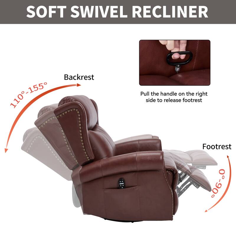 Manual Recliner Chair with Heat & Massage, Genuine Leather Swivel Recliner Chair, Lounge Sofa Chair with Side Pockets