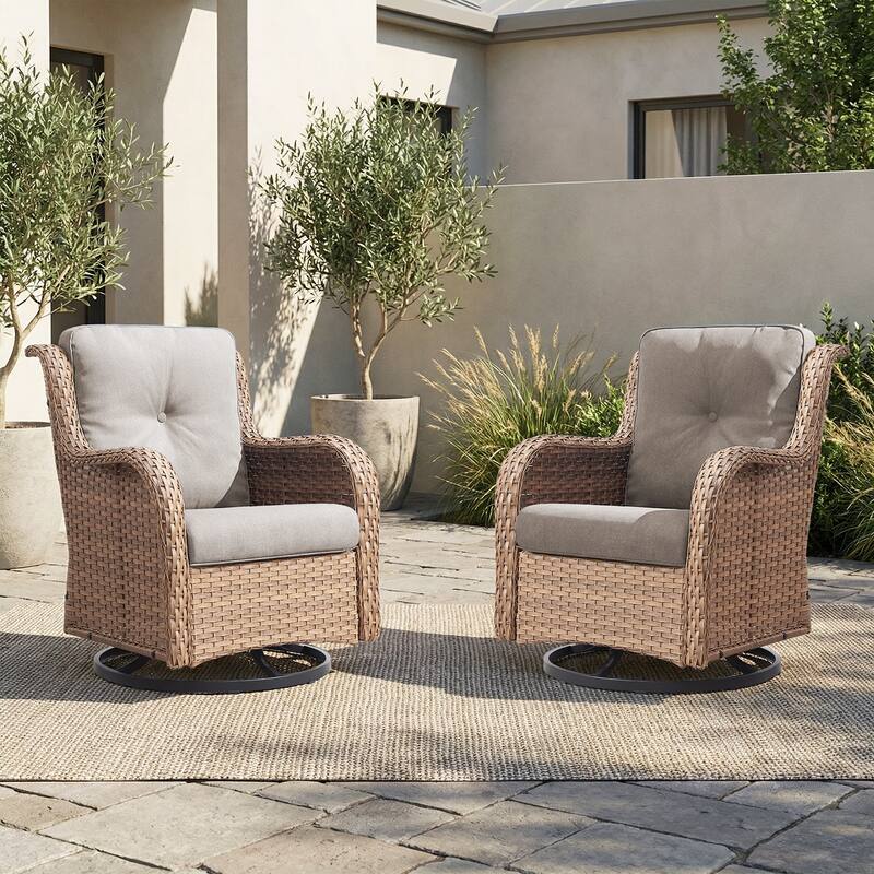 Pocassy Outdoor Wicker Glider Swivel Club Chairs (Set of 2) - Mix Grey - Yellow/Beige