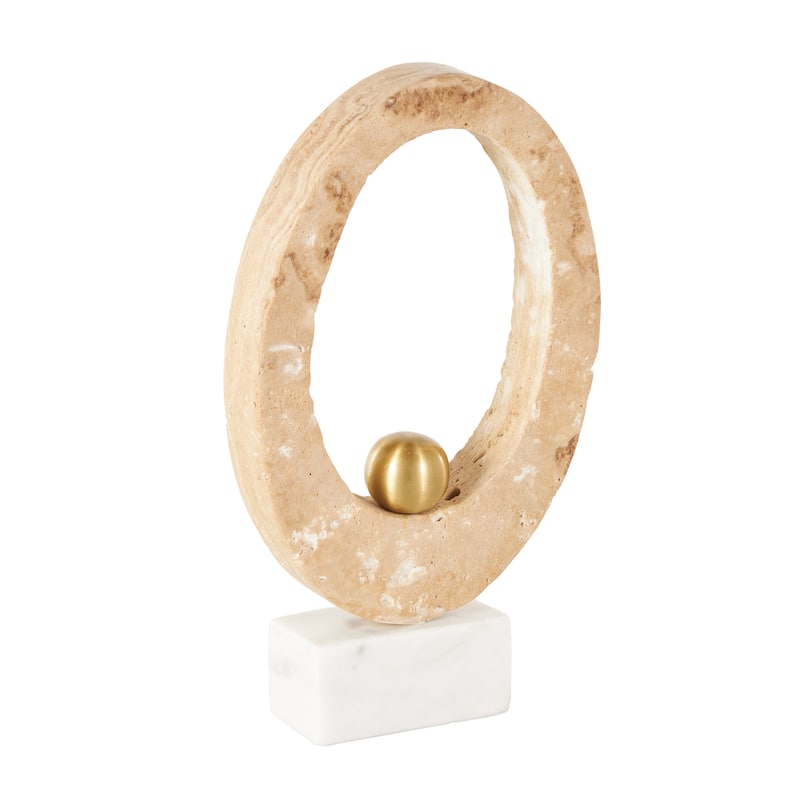 Cream Marble Oval Abstract Decorative Sculpture with Gold Ball and White Base