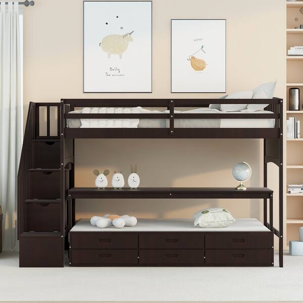 Stairway Twin Xl Loft Bed Wood Guardrail Kids' Beds with Trundle and