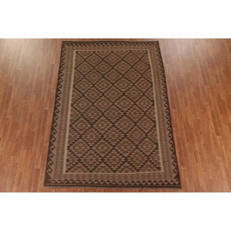 Hand Woven Oriental 100% Wool Carpet Southwestern Geometric Brown Kilim Area Rug - 9' 6'' X 6' 6''