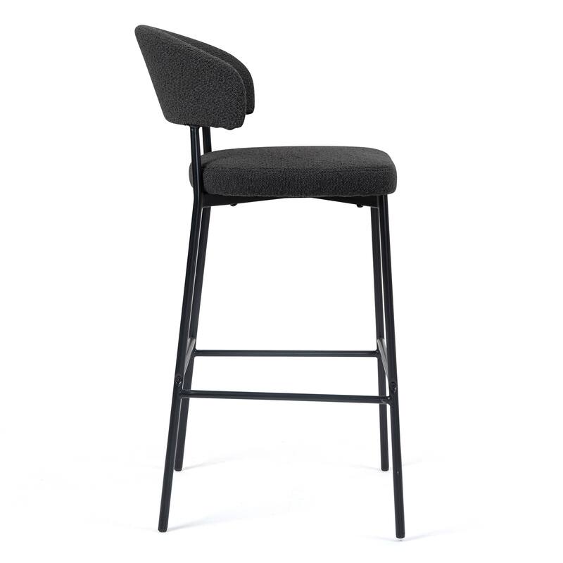 Set of 2 Bennett Black Boucle Upholstered Fabric Bar Stool with Black Iron Legs