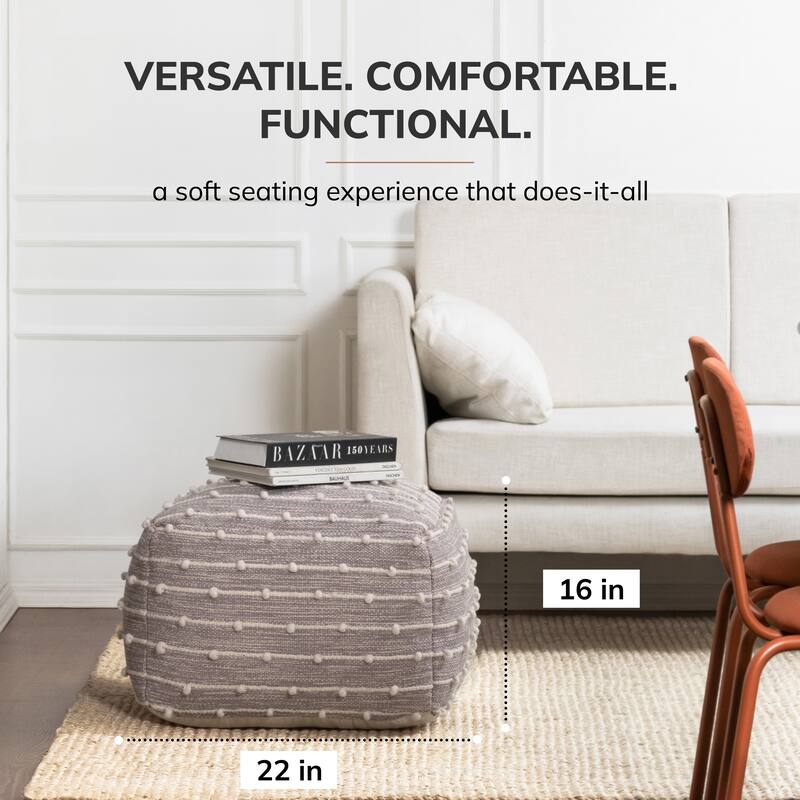 Jani Georgette 22 x 22 x 16 Gray & Ivory Square Pouf Ottoman - Handmade Footrest for Living Room, Bedroom