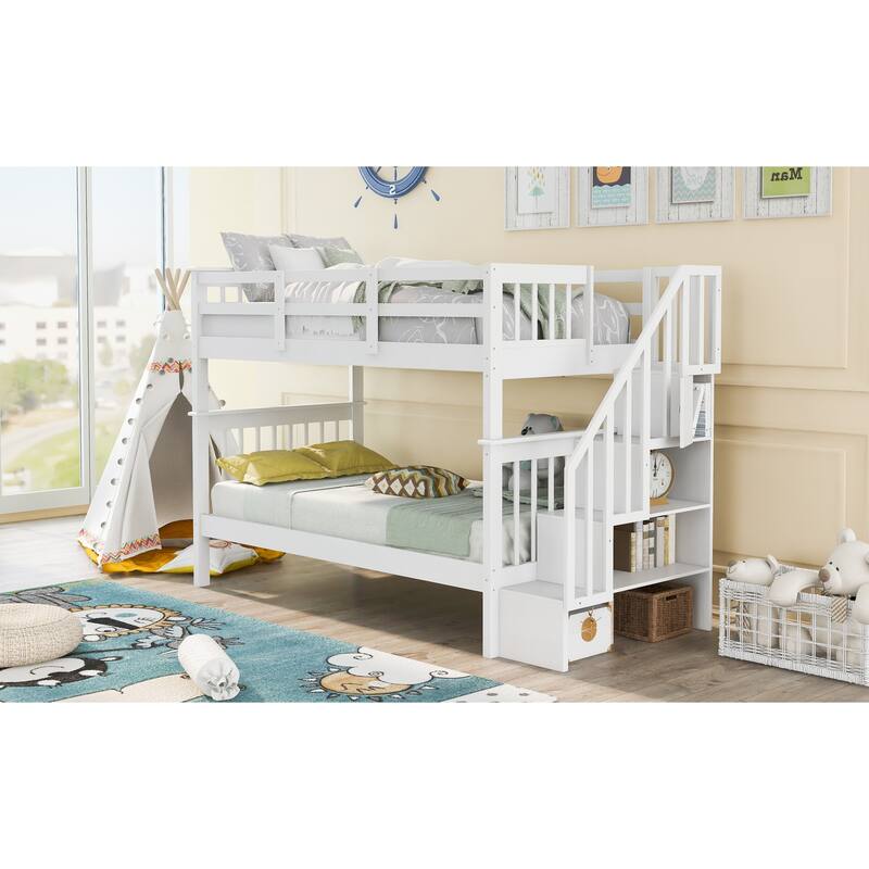 Twin-Over-Twin Bunk Bed with Storage and Guard Rail, White