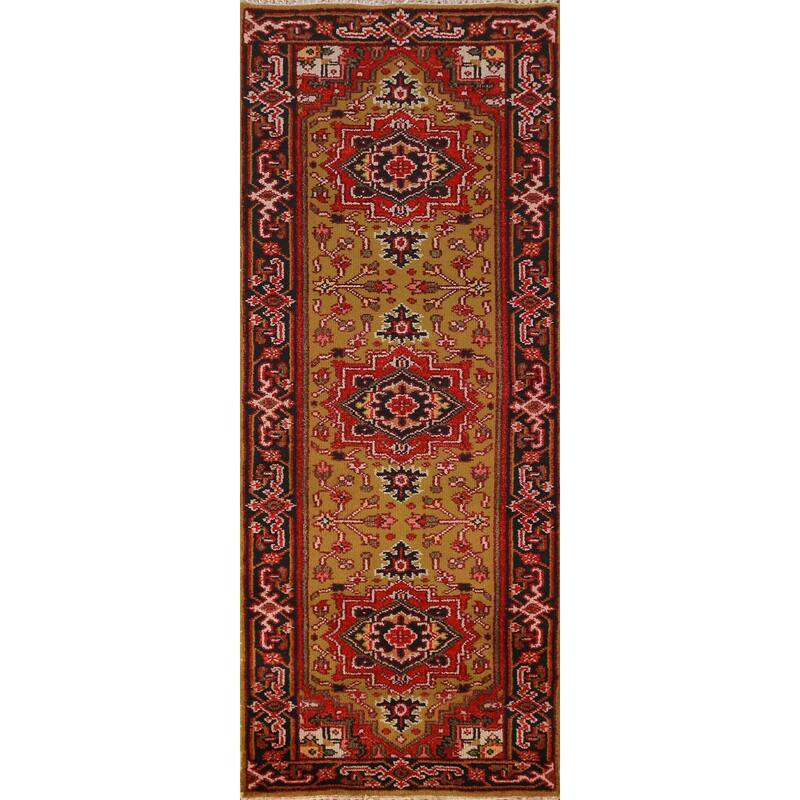 Hand Knotted Oriental 100% Wool Carpet Traditional Geometric Yellow & Gold Heriz (serapi) Runner Rug - 7' 11'' X 2' 7''