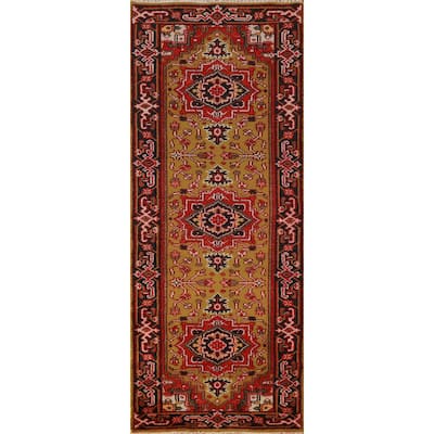 Hand Knotted Oriental 100% Wool Carpet Traditional Geometric Yellow & Gold Heriz (serapi) Runner Rug - 7' 11'' X 2' 7''