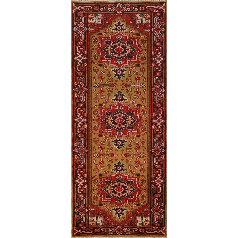 Hand Knotted Oriental 100% Wool Carpet Traditional Geometric Yellow & Gold Heriz (serapi) Runner Rug - 7' 11'' X 2' 7''