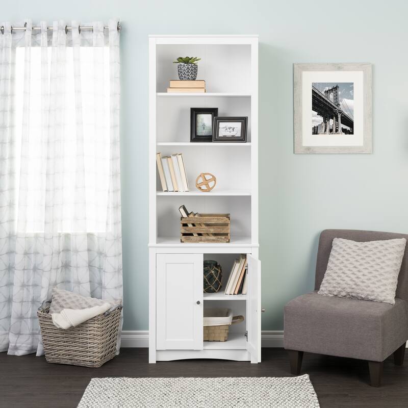 Tall Bookcase with 2 Shaker Doors, White