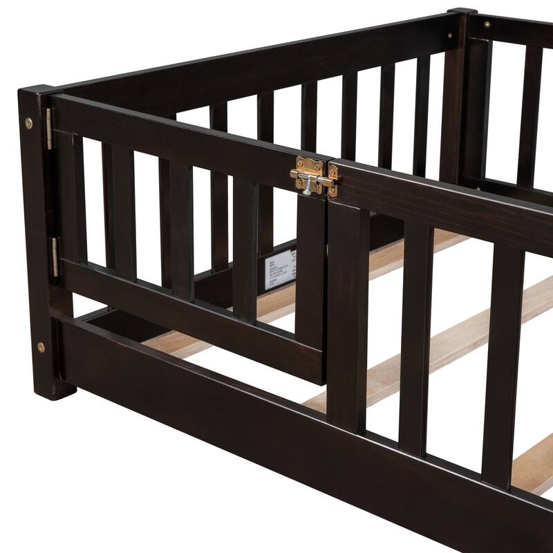 Floor Platform Bed with Fence Guardrails and Door