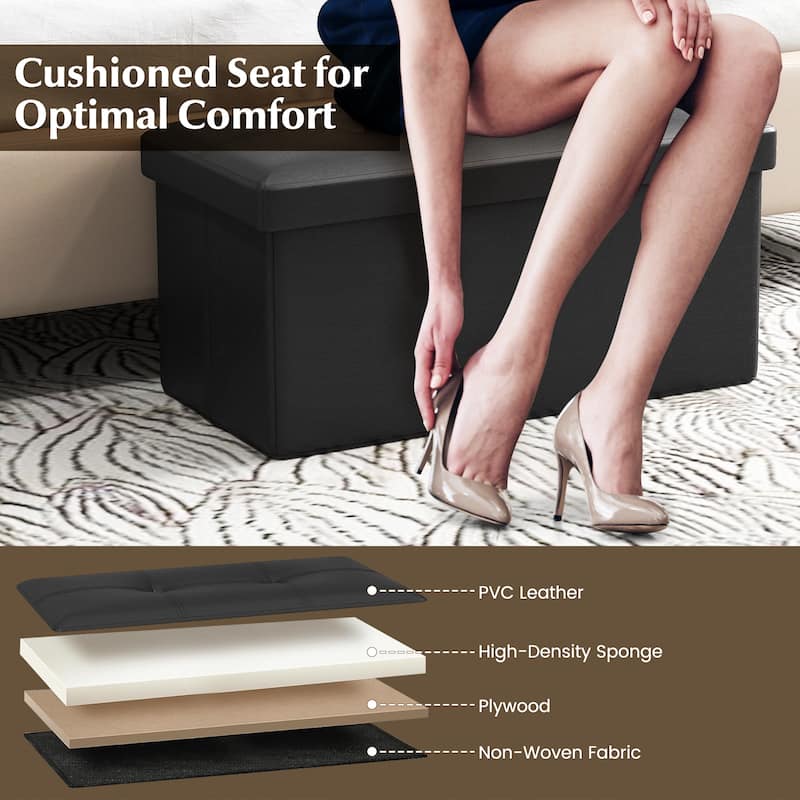 Costway Folding Storage Ottoman Upholstered Rectangle Footstool PVC