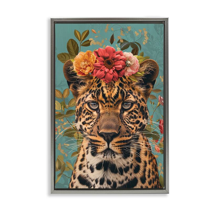 Stupell Floral Crown Wild Cheetah Framed Floater Canvas Wall Art Design By LSR Design Studio - 21 x 31 - Grey
