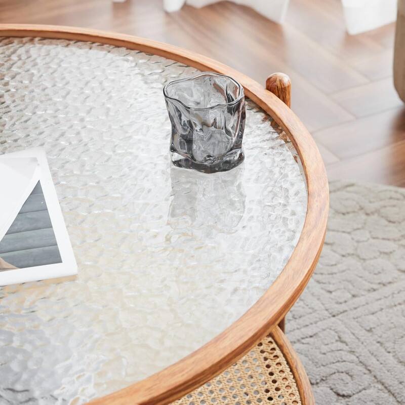 VINGLI Double-Layered Round Water Ripple Glass with Heat Transfer Wood Grain Iron Frame Coffee Table