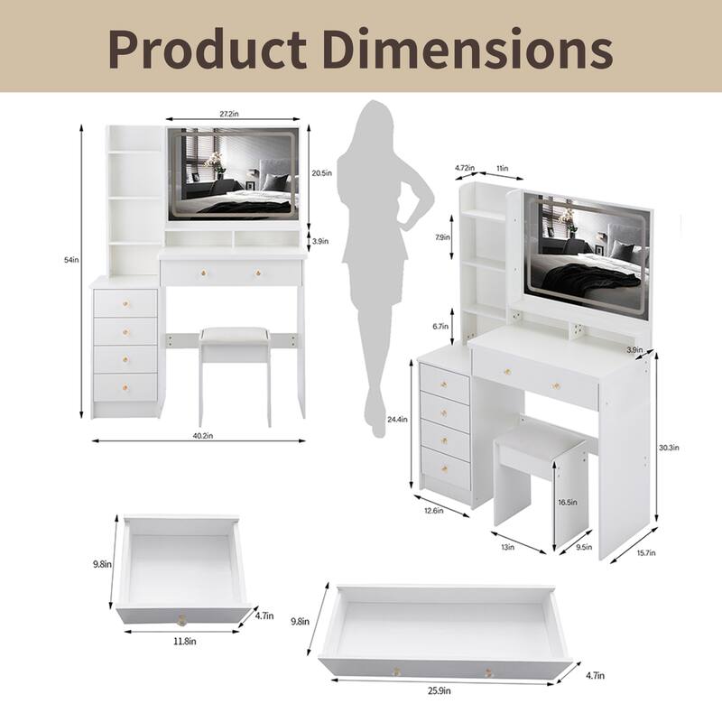41" Large Vanity Set with 3-Color LED Mirror and Cushioned Stool