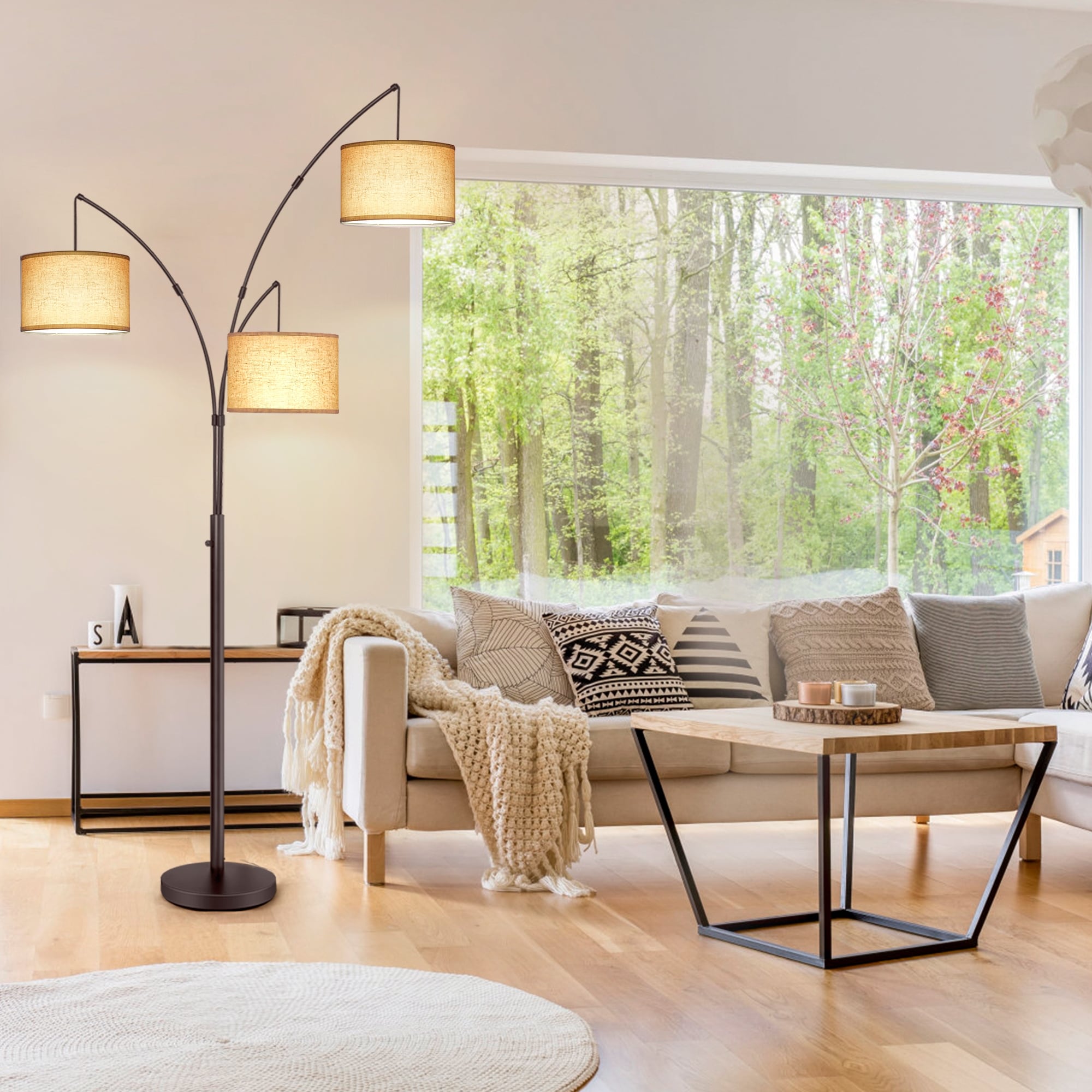 Modern 3-Light Adjustable LED Arc Floor Lamp with 3 Beige LinenDrum Shades  - Bed Bath \u0026 Beyond - 42329200, image size:2000x2000