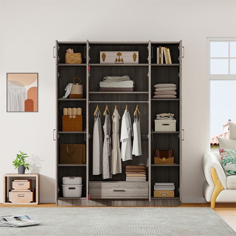 4-Door Armoire Wardrobe with 1 Drawer and Top Cabinet , Bedroom Closet Clothes Storage Organizer with Hanging Rod and Shelves