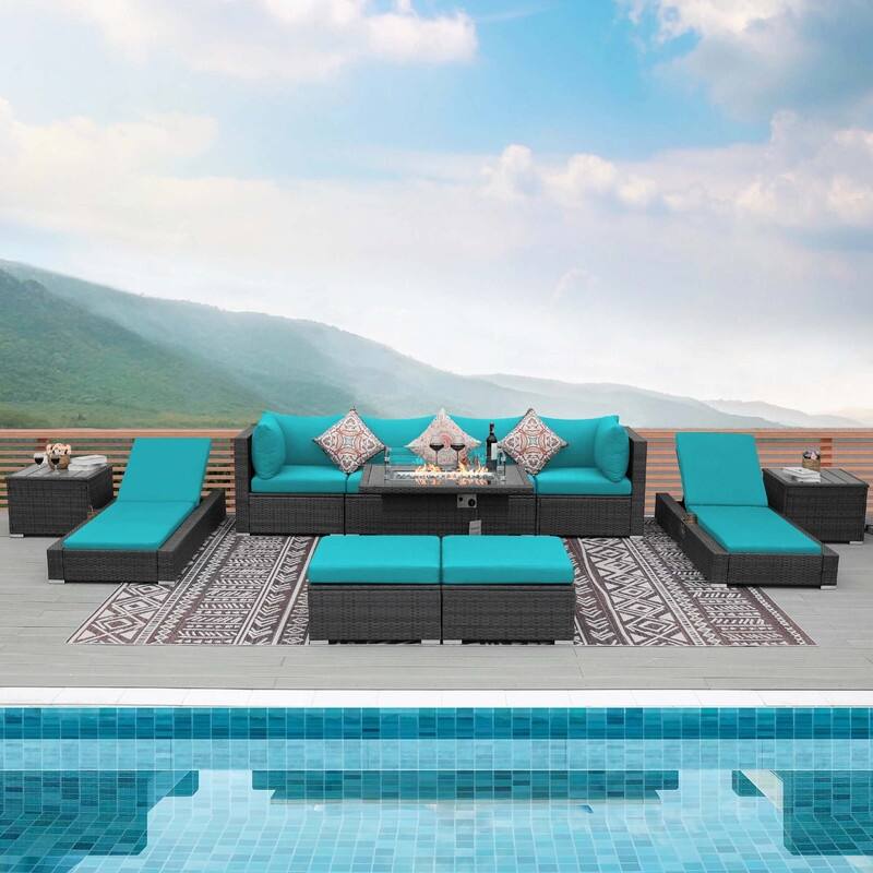 FINCATI 11 Pieces Patio Furniture Set Outdoor Sectional Sofa with Firepit Table