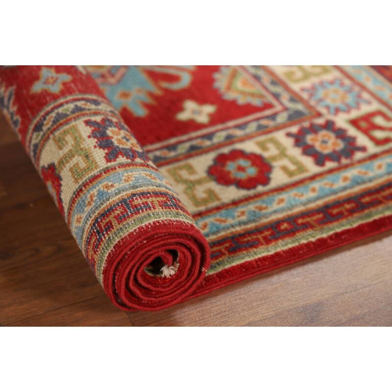 Red Kazak Foyer Rug Handmade Geometric Wool Carpet - 2'9" x 3'10"