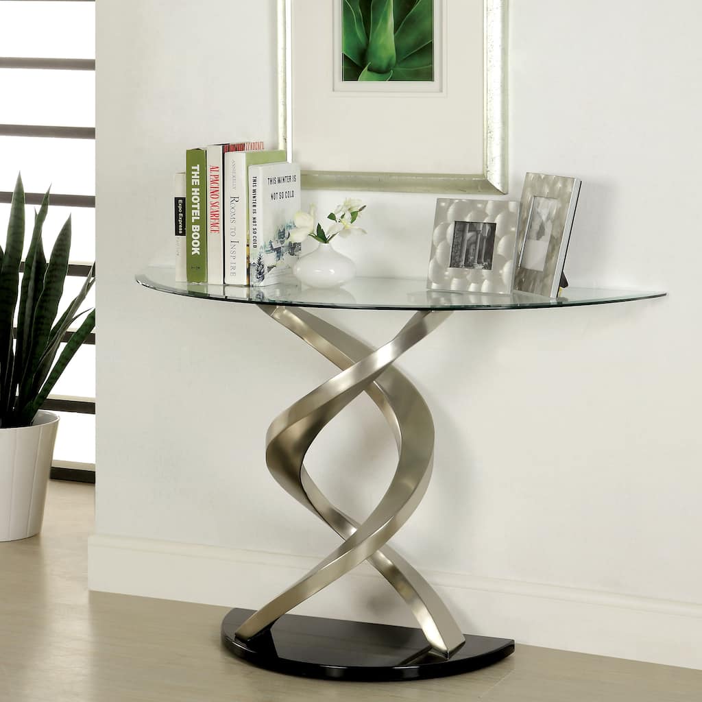 Sele Contemporary Silver 45-inch Glass Top Half-moon Sofa Table by Furniture of America