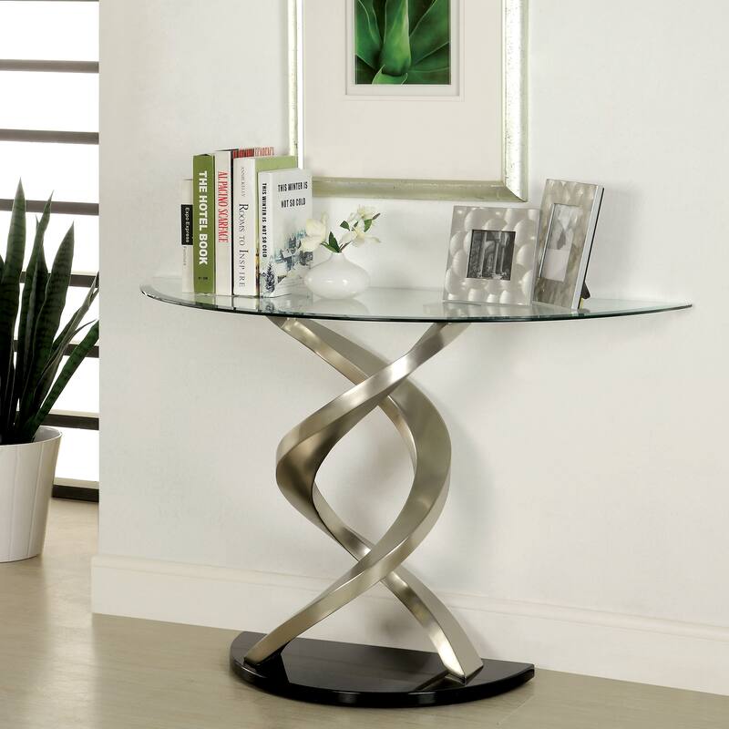 Sele Contemporary Silver 45-inch Glass Top Half-moon Sofa Table by Furniture of America - Satin Plated